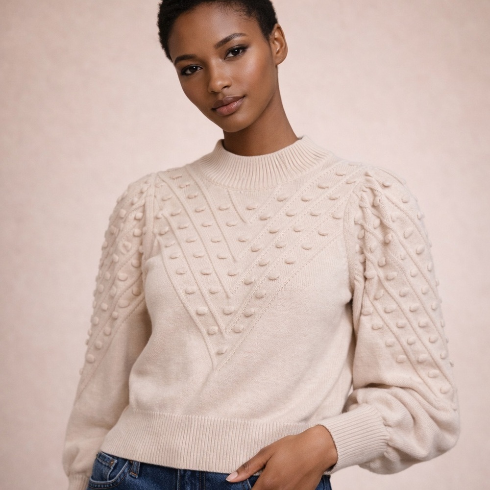 French Connection Cream Textured Knit Sweater Puff Sleeve Mock Neck XS